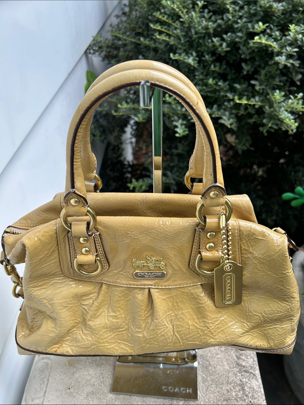 Coach Tan Crinkled Patent Leather Satchel